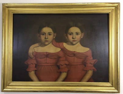 Early American 19th C Portrait Painting of Twins: Early American 19th C Portrait Painting of Twin Girls in Matching Red Dresses. Oil on board. Housed in an antique gold leaf frame. This painting has been in the same Connecticut family since the early