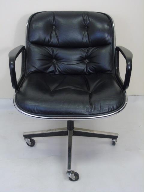 Mid Century Modern Knoll Leather Desk Armchair: Mid Century Modern Knoll International Leather Desk Armchair. Tufted black leather with metal frame. Sticker on underside. Measures 33 x 27 x 22 inches.