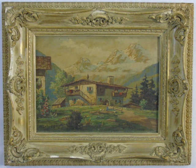 Leon - Signed & Framed Swiss Alpine Oil Painting: Leon - Signed & Framed Swiss Alpine Oil Painting. Mountainous landscape with a chalet. Measures 12.5 x 14.5 inches. From a home owned by antique dealer / collector Rochelle Sepenuk.