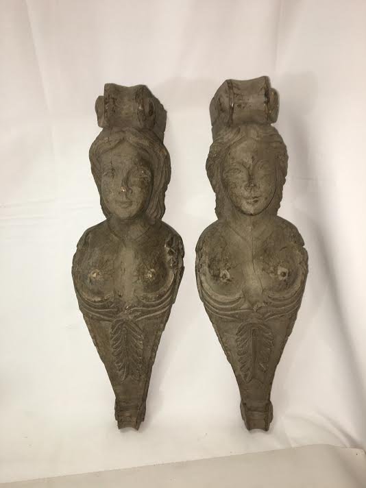 Pair Hand Carved Wood Nude Mermaid Corbels: Pair Hand Carved Wood Nude Mermaid Corbels / Architectural Elements. Each measures 18 inches in height.