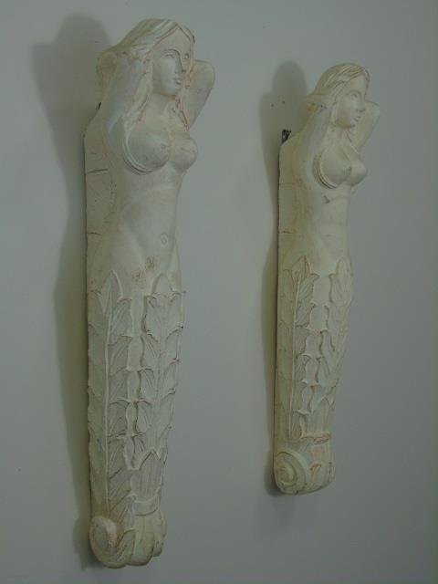 Pair Hand Carved Wood Nude Mermaid Corbels: Pair Hand Carved Wood Nude Mermaid Corbels / Architectural Elements. Each measures 24 inches in height.