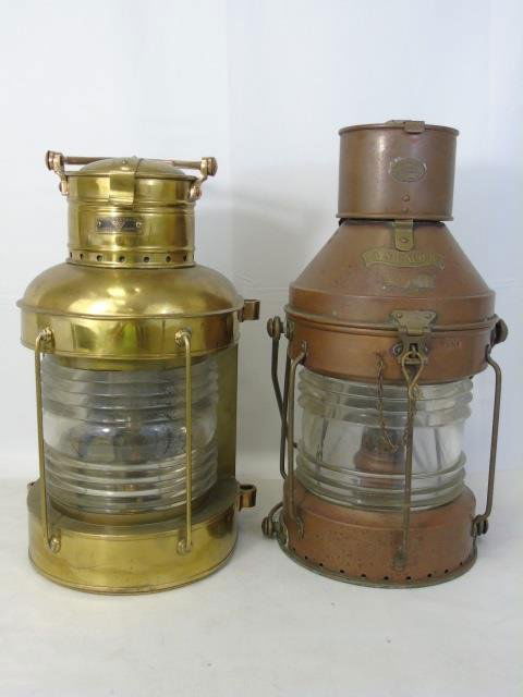 2 Antique / Vintage Nautical Lamp / Ship Lanterns: 2 Antique / Vintage Nautical Lamp / Ship Lanterns. One marked R C Murphy Anchor, one marked Russell & Stoll. Larger measures 20 inches in height, plus handle.