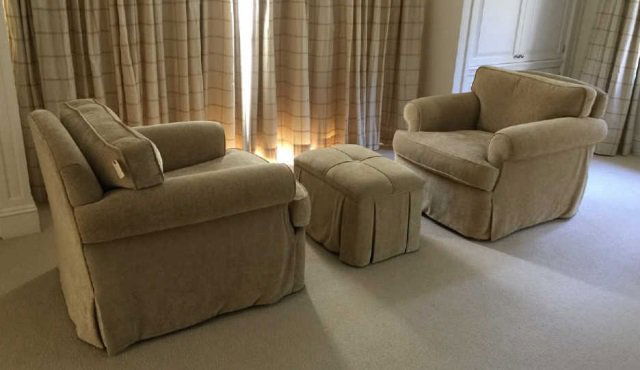 Pair Custom Contemporary Armchairs w Ottoman Bench (1 of 4)