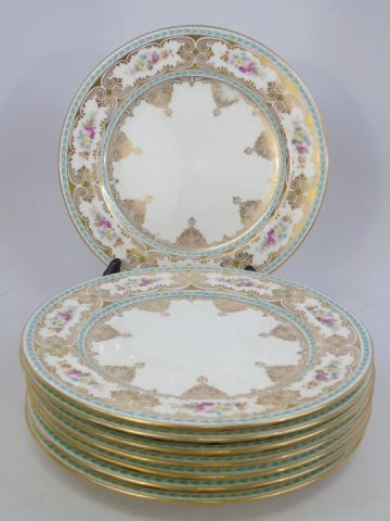 Set of 8 Antique Cauldon English Plates: Set of 8 Antique Cauldon English Plates. With gold and floral design motif. Marked on backs. Plates have 10" diameter.