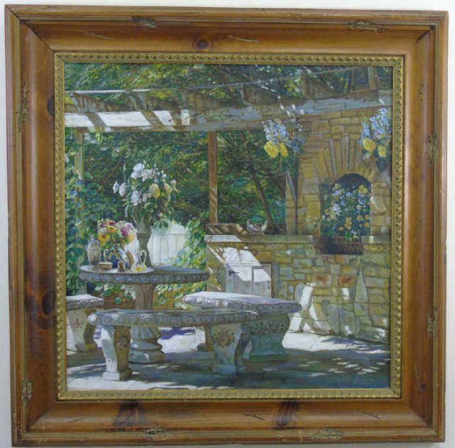 Oil Painting of a Shady Stone Table Set for Tea (1 of 4)