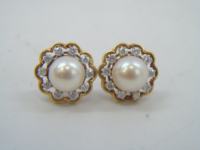 Pair 14kt Yellow Gold Pearl & Diamond Earrings (1 of 5)