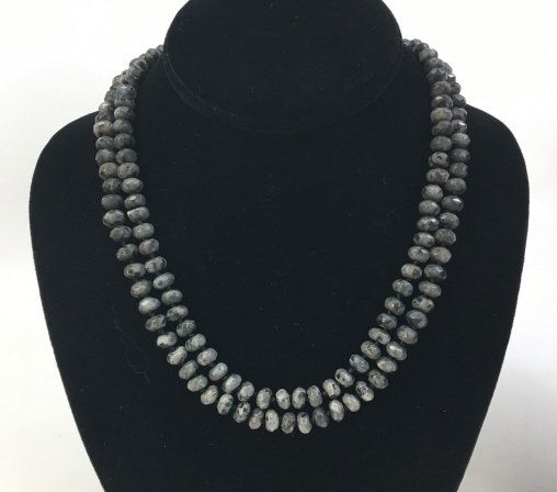 Pair Faceted Labradorite Hand Knotted Necklaces: Pair Faceted Labradorite Hand Knotted Necklaces. Faceted beads. Hand knotted black silk thread. Each measures 17 inches in length.