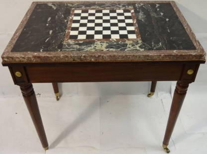 Marble Top Mahogany Game Table w/ Chess Pieces: Marble-top mahogany game table with two drawers carved hardstone chess pieces. 32 1/2" W x 21 5/8" D x 30 1/8" H, very good condition.