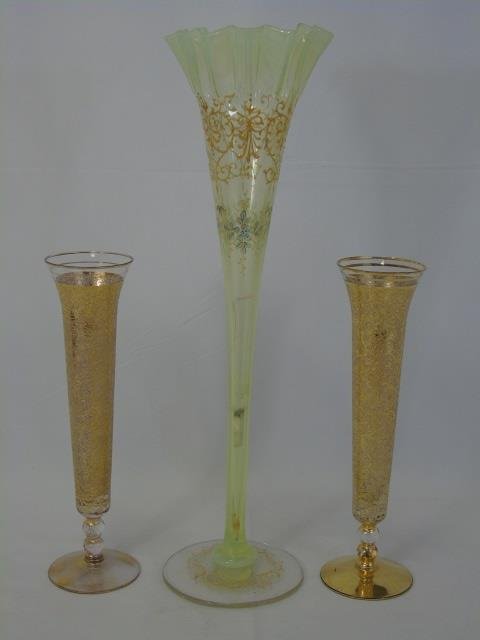 2 Gilt Glass Flutes & 1 Large Gilt Art Glass Vase (1 of 4)