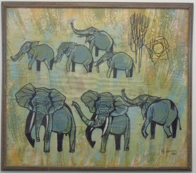 Vintage Framed Painting on Fabric of Elephants (1 of 4)
