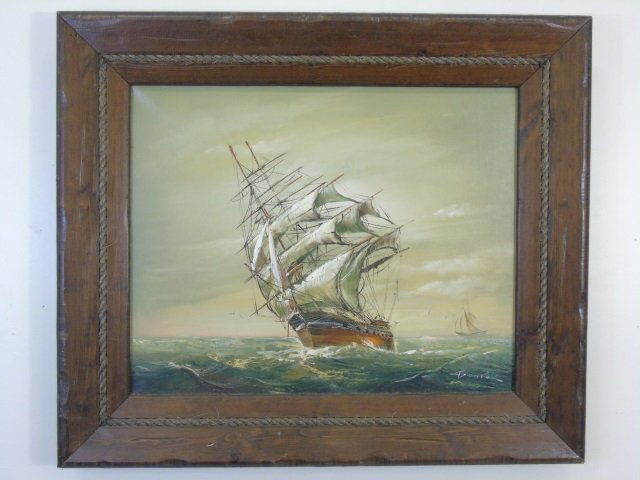 Framed Signed Mid 20th C Marine Schooner Painting (1 of 4)