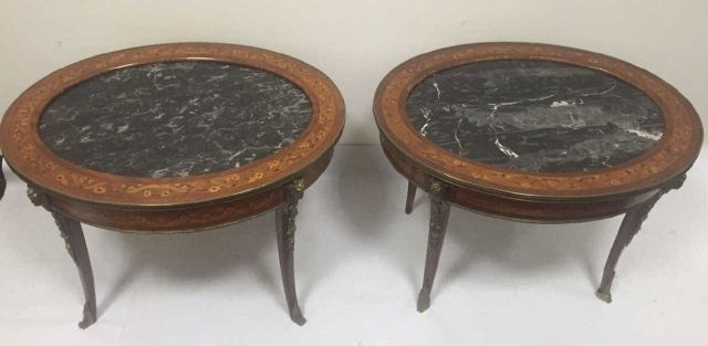 Pair of Marble Top Bronze Mount Inlaid End Tables (1 of 5)