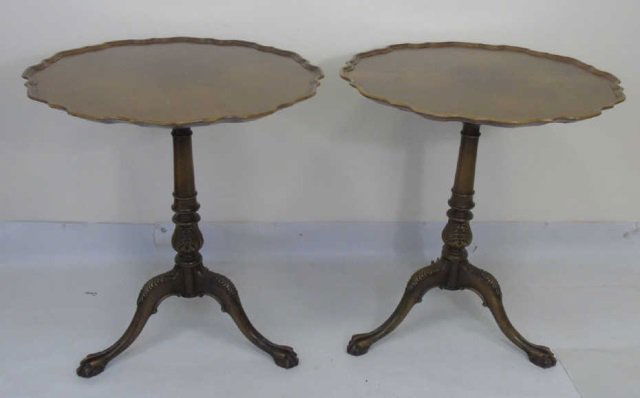 Pair Carved Pie Crust End Tables w Pedestal Bases (1 of 6)