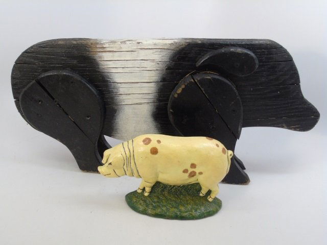 Two Pig Statues - Hand Painted Cast Iron & Wood (1 of 6)