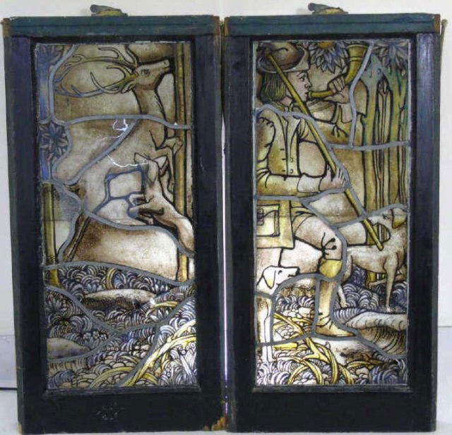 Antique Victorian Hunt Scene Stained Glass Panels (1 of 3)