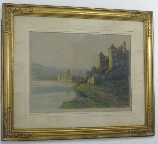 Signed Antique Painting of German Schloss & River (1 of 4)