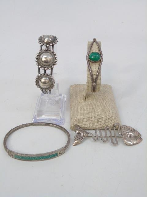 Vintage Native American & Mexican Sterling Jewelry: Vintage Native American & Mexican Style Sterling Jewelry. Including two bracelets set with turquoise.