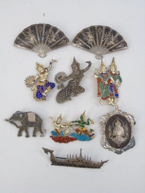 Estate Siam & Tahitian Sterling Enamel Brooch Pins: Estate Siam & Tahitian Sterling Enamel Brooch Pins. Marked for Siam, Thailand, Sterling, etc. Sterling and silver. Showing boats, dancers, fans, etc. Enamel and burnished designed. Fans are 2.5 inches