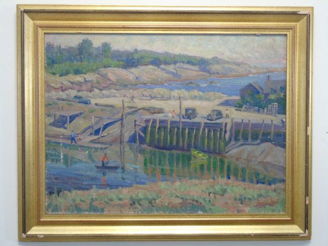 Vintage Harbor Scene Oil Painting by K. A. Lovell (1 of 4)