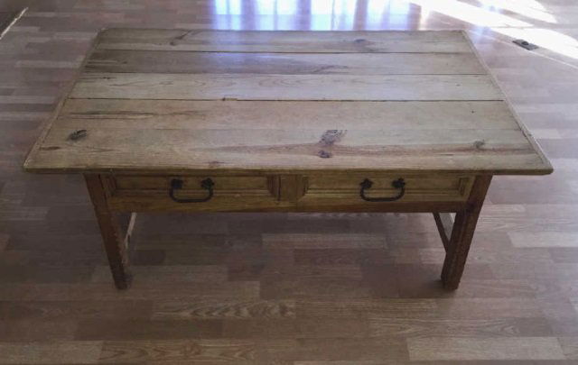 Antique Reclaimed Pine Wood Coffee Table: Antique Reclaimed Pine Wood Coffee Table w/ Drawers & Metal Hardware. Distressed reclaimed wood. Measures 18 x 48 x 30 inches.