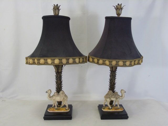 Pair Gilt Metal Table Lamps w/ Camel Statues (1 of 6)