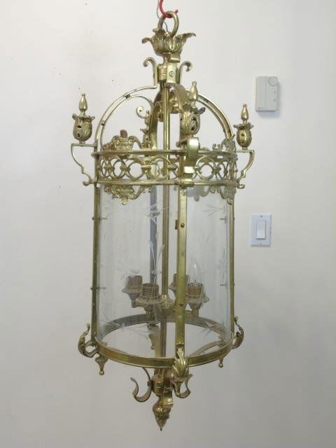 Vintage Brass & Glass Panel Lantern Chandelier (1 of 3)