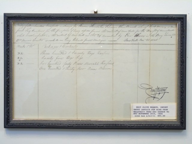 Antique 19 C Document Wine Import Invoice Spain: Antique 19 C Wine Import Document , Invoice for Wine from Malaga, Spain into Sag Harbor, NY, dated November 1806. From a NY Nautical Collection. Framed between 2 pieces of glass, measuring 9 x 14 inch