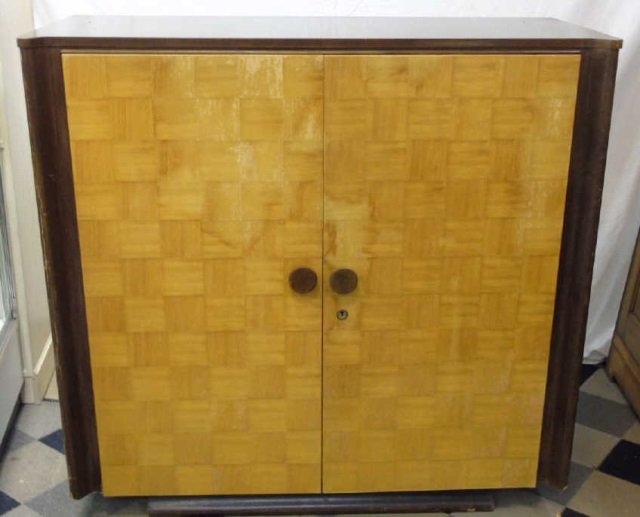 Antique Art Deco Two Tone Wood Armoire Cabinet: Antique Art Deco Two Tone Wood Armoire Cabinet. Measures 51 x 52 x 22 inches.