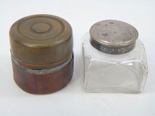 Two Antique 19th C Inkwells - Glass & Metal (1 of 4)