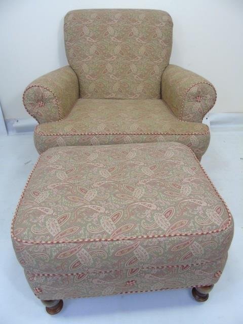 Contemporary Paisley Upholstered Armchair Ottoman: Contemporary Paisley Upholstered Armchair Ottoman. Having carved bun feet.