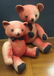 Two Vintage Colorful Red Felt Teddy Bears