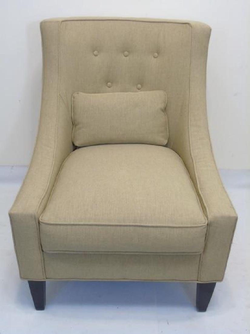 Contemporary Barrel Back Armchair Slipper Chair: Contemporary Barrel Back Armchair Slipper Chair upholstered in Natural Wheat colored fibrous fabric. Having clean, tailored lines and tufted button details. Sold originally by Bloomingdale's. Measures