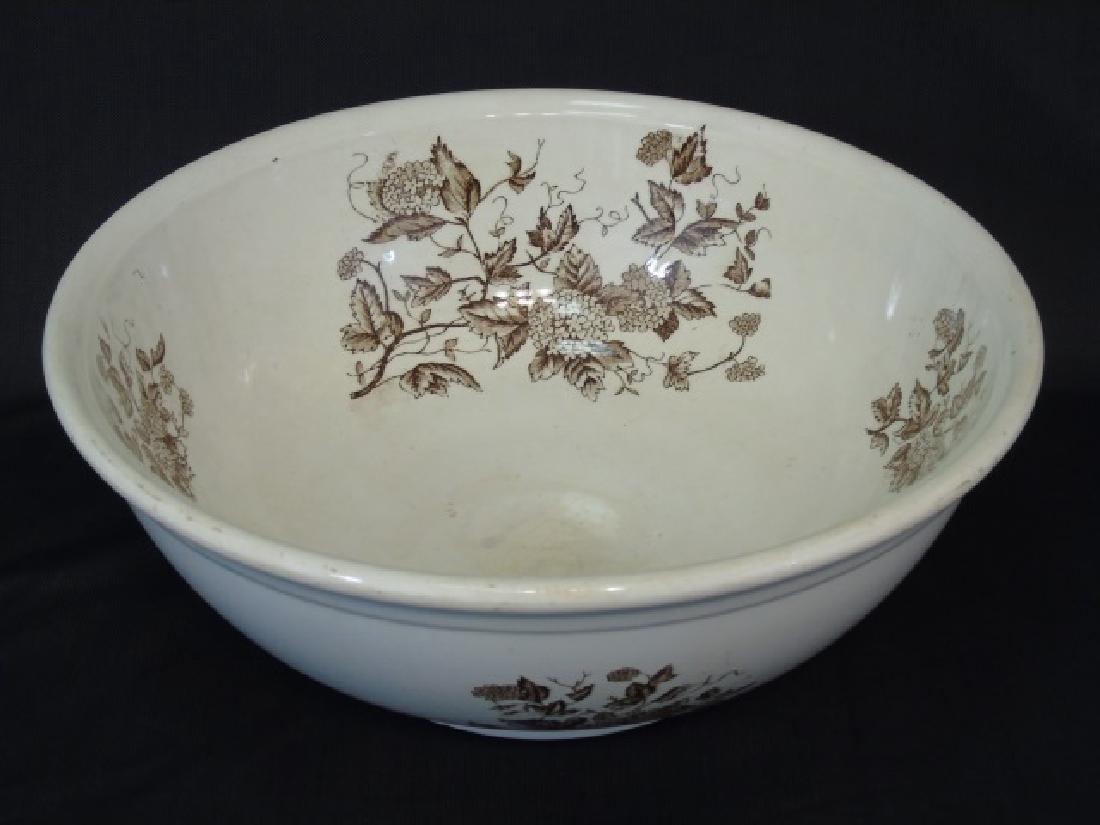 Large Antique English Ironstone Washstand Bowl: Large Antique English Ironstone Washstand Bowl w Winter Branches Decoration, measuring 5 x 14 inches.