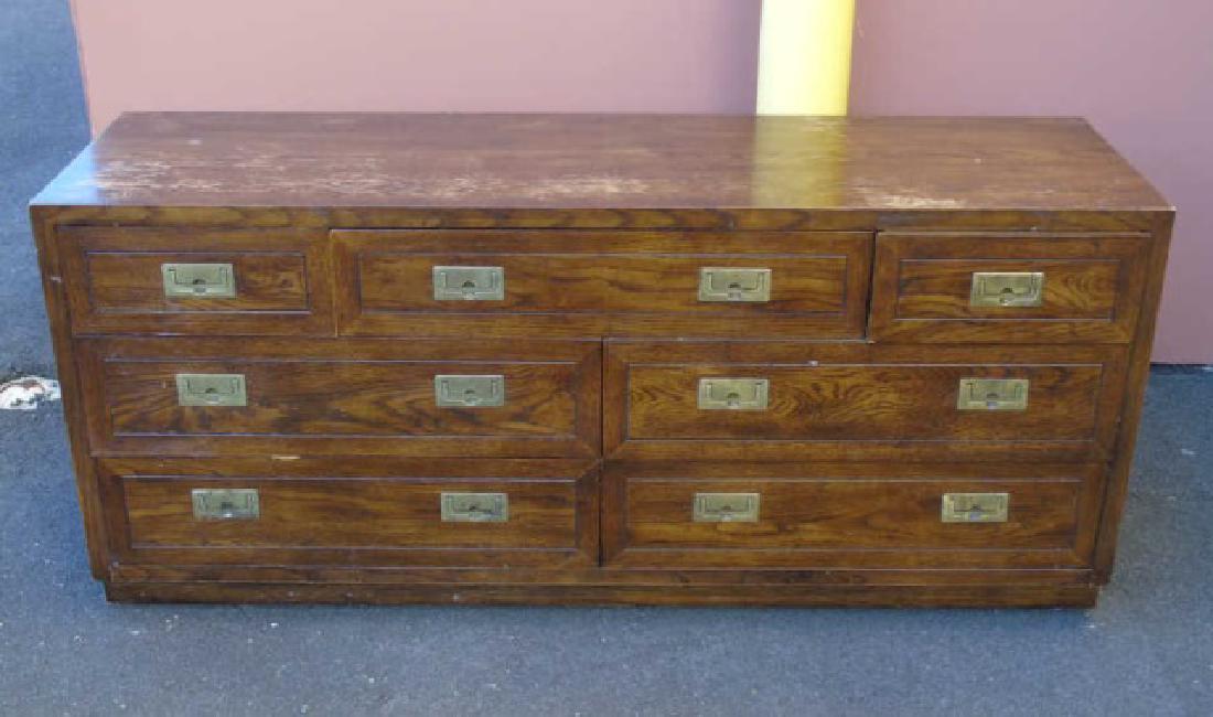 Vintage Henredon English Campaign Style Bureau: Vintage Henredon English Campaign Style Bureau. Brass hardware and details. Measures 28 x 64 x 18 inches.