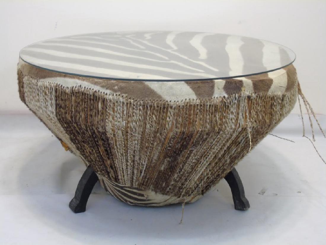 Vintage Zebra Skin Drum Coffee Table Glass Top (1 of 3)