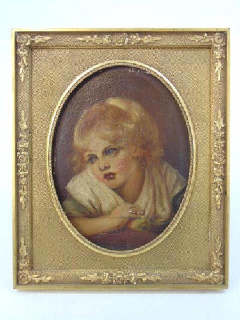 19th C. Oil Painting in Gold Ormolu Frame: 19th Century Oil Painting of child; on wood, in antique French Gold Ormolu Frame. In the style of Jean-Baptiste Greuze. Measures 6.5 x 5.5 inches.
