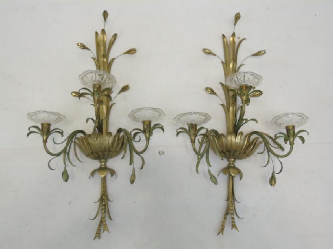 Pair Large Gilt Metal Triple Arm Wall Candlelabra (1 of 5)