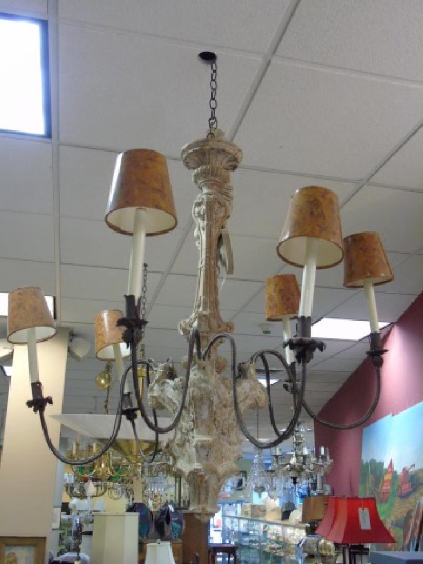 Carved Wood Chandelier with 6 Iron Arms & Shades (1 of 3)