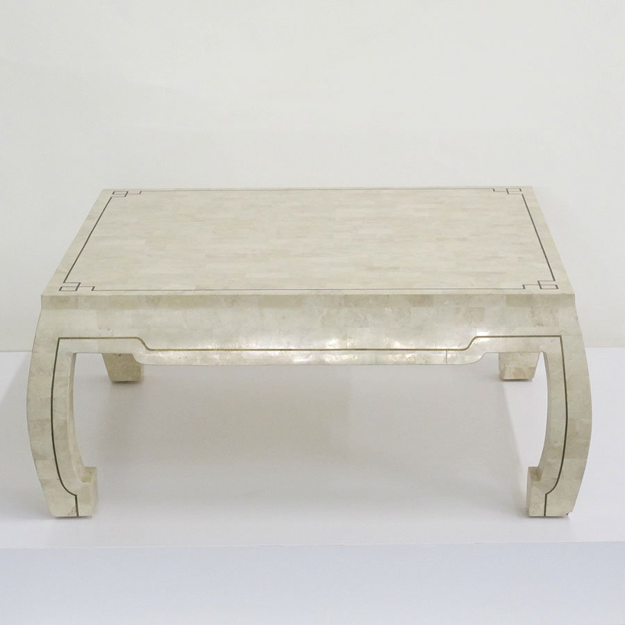 Asian Style Tessellated Coffee Table: Asian Style Tessellated Coffee Table; In the style of Karl Springer – Tessellated stone with Bronze inlay Height (Inches): 16 Width (Inches): 36 Depth (Inches): 36