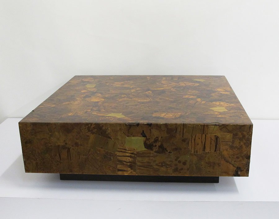 In the Style of Paul Evans Patchwork Coffee Table: Square coffee table; Copper & Brass Patchwork design Height (Inches): 14 Width (Inches): 42 Depth (Inches): 42