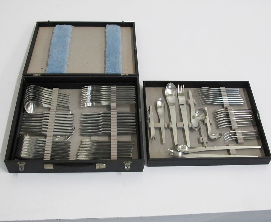 Arne Jacobsen AJ Flatware Denmark 1957: Arne Jacobsen AJ Flatware Denmark 1957 - Stainless Steel Complete eight (8) piece service with two (2) extra spoons; 79 pieces total. (A Michelsen Stainless Denark - ORIGINAL CASE); Pencil initialled