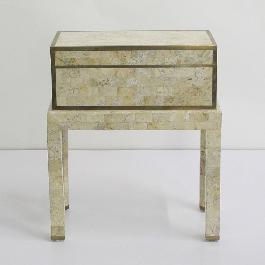 Maitland Smith Tessellated Box on Stand: Tessellated marble with Brass Inlay; labeled Maitland Smith Height (Inches): 22.75 Width (Inches): 19 Depth (Inches): 11.25