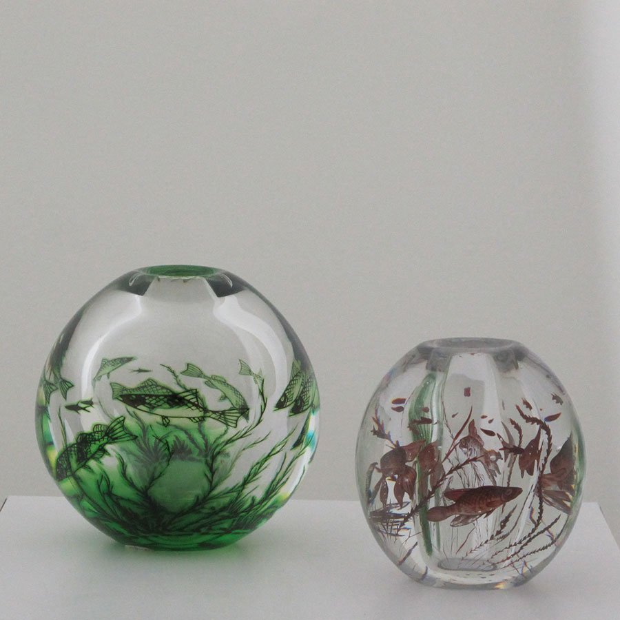 Pair Edvard Hald for Orrefors Fish Graal Vases: Pair Edvard Hald for Orrefor Fish Graal Vases Including RARE Red Vase; Green# 262F, Red signed but not numbered. Height of red 4.25 - 4 inches wide Height of green (Inches): 5.25 Width (Inches): 5