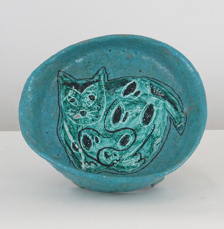 Raymor Italian Pottery Cat Bowl: Footed Italian Studio Pottery Bowl with stylized cat decoration; Lava type drip glaze. Marked "Raymor Italy" on bottom; Original lava glazed finish. possibly by Fantoni Height (Inches): 3.75 Width (In