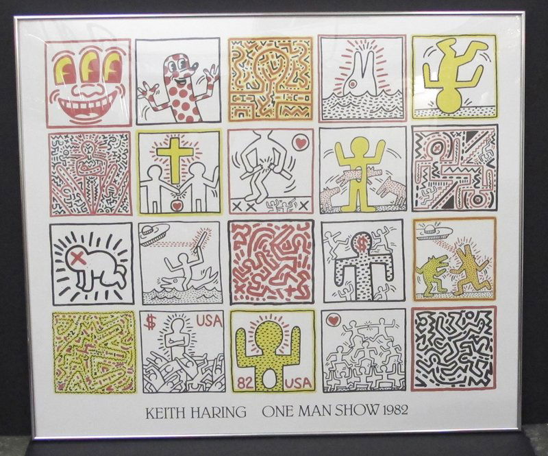 Large Keith Haring Poster from 1982 - One Man Show: Colorful Keith Haring poster - One man show - 1982 Height 33.50" Width 39.50"