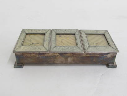 Silvered Bronze & Shagreen Box: Shagreen & Silvered Bronze Box - wood lined - three separate lids each with picture holder Height (Inches): 2 Width (Inches): 10 Depth (Inches): 4