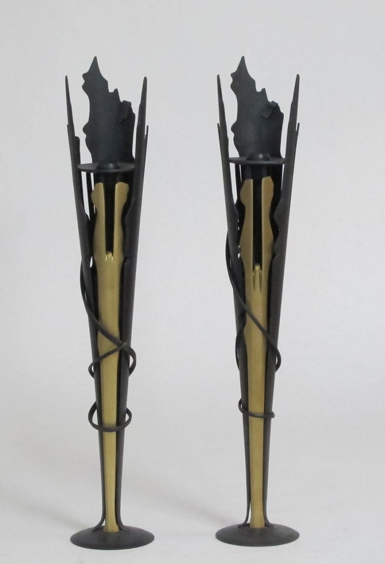 Pair Albert Paley Signed Candlesticks 1994: Albert Paley Candlesticks dated 1994 Height: 20.50 Width: 3.50