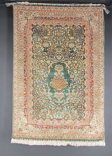 Hand Knotted Silk Persian Oriental Rug: 48" By 78" silk hand knotted Persian oriental carpet. Not worn, very tightly woven. From a Palm Beach household. In excellent condition NO stains, tears, dry rot, odor, or insect damage. picture of 1