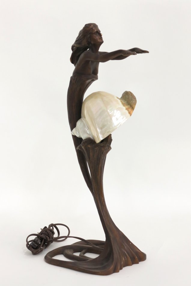 After Gustav Gurschner bronze nautilus shell lamp: Art Nouveau style bronze nautilus shell lamp after Gustav Gurschner Height: 20 Width: 6 Depth: 8