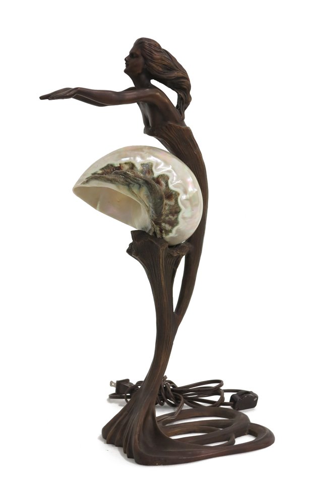 After Gustav Gurschner bronze nautilus shell lamp: Art Nouveau style bronze nautilus shell lamp after Gustav Gurschner Height: 20 Width: 6 Depth: 8